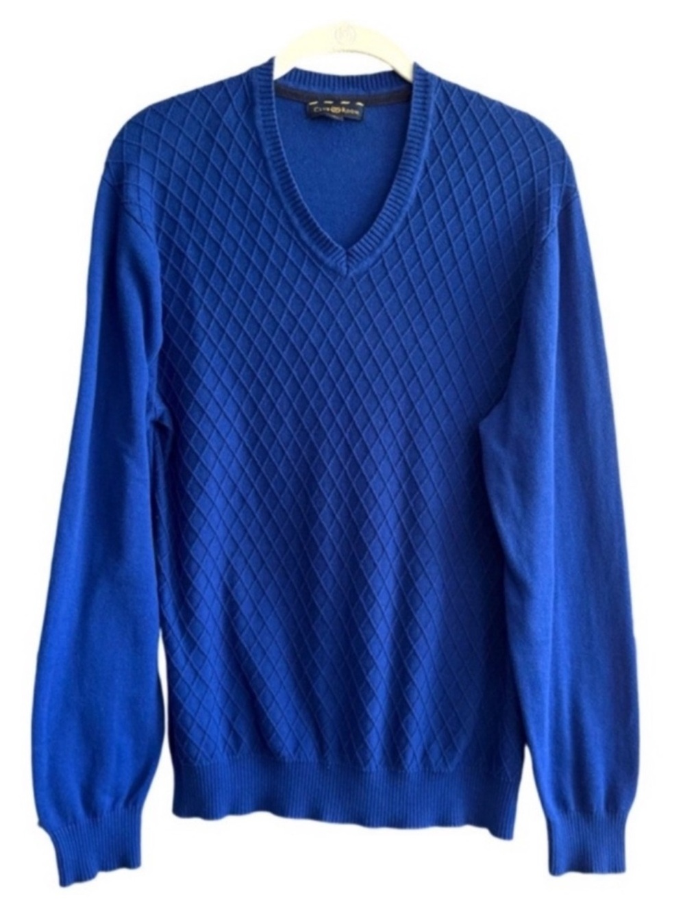 Club Room V-neck Sweater 100% Cotton Diamond Knit Blue Size S